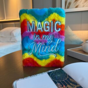 Rainbow faux-fur dream journal with embroidered title Magic in my Mind.