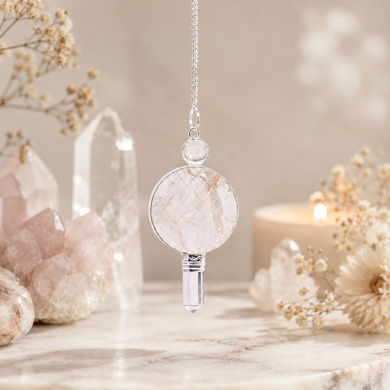 Distinctive pendulum featuring a clear crystal point and large round stone centrepiece.
