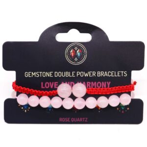 Double power bracelets featuring smooth Rose Quartz beads in various string colours.