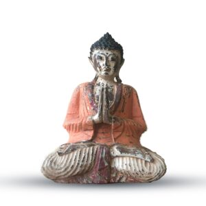 Hand carved vintage orange Buddha statue, perfect for home decor and mindfulness.