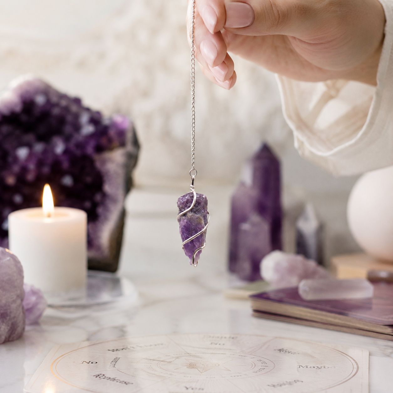 Raw amethyst pendulum with a silver-tone spiral and fine chain.