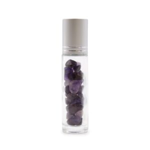 Amethyst gemstone roller bottle with silver cap for essential oils.