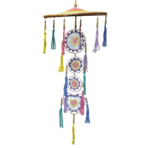 Large pastel rainbow dreamcatcher with intricate designs and hanging elements.