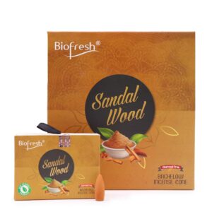 Backflow incense cones in sandalwood scent for calming environments.