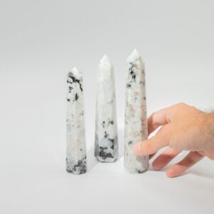 Rainbow Moonstone Six Face Obelisk Point with soft milky tones and subtle colours.