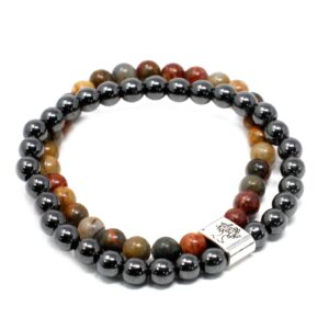 Magnetic bracelet featuring Picasso Jasper gemstones on elastic band.