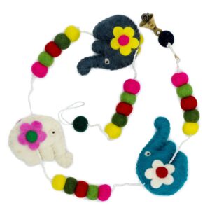 Colourful felt wall hanging featuring elephants, perfect for home decor.