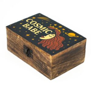 Medium mango wood box with Cosmic Babe design and enamelled lid.