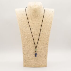Sodalite mushroom pendant on an adjustable black cord necklace with bead detailing.