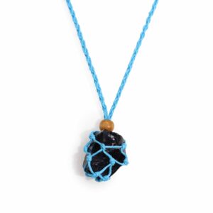 Adjustable blue necklace cord with macrame netting and wooden bead.
