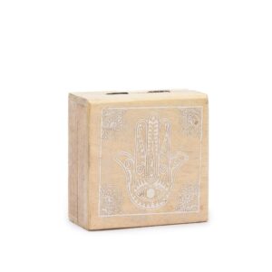 Whitewashed small square box featuring a Hamsa design, perfect for storage.