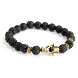 Gold Hamsa and lava stone bracelet with mixed metal accents.