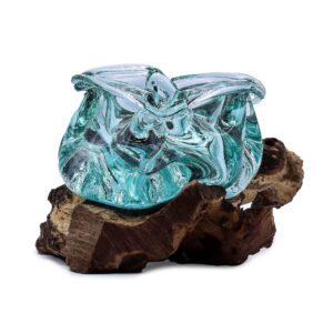Molten glass chunky ashtray and candle holder on natural wood base.