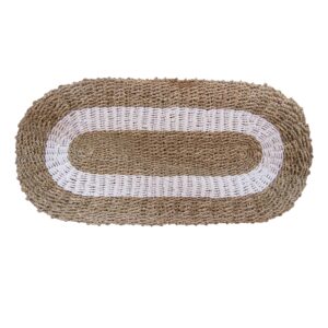 Elegant oval seagrass rug in white and tan, perfect for home decor.