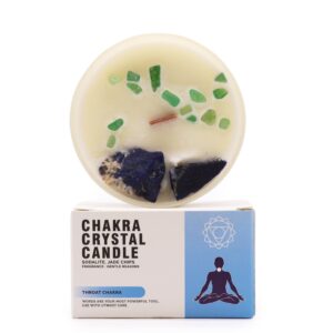 Aesthetic candle designed for the Throat Chakra with gemstones and soothing fragrance.