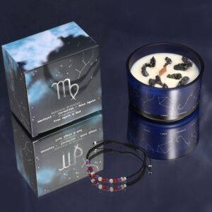 Zodiac Crystal Candle with a gemstone bracelet for Virgo in calming earthy tones.