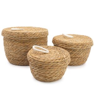 Set of three natural round baskets with lids for stylish home storage.