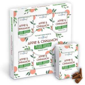 Plant based incense cones with apple and cinnamon fragrance.