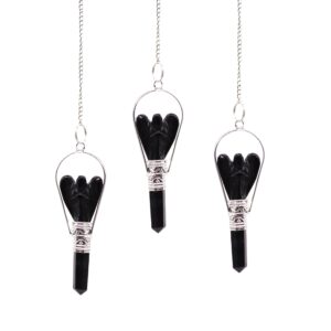Black agate angel pendulum with silver-tone detailing and protective ring frame.