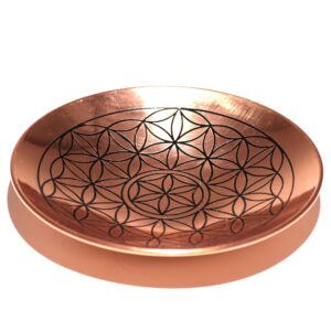 Copper smudge plate featuring the Flower of Life design, perfect for rituals.