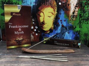 Vedic incense sticks in a decorative box with rich fragrances of frankincense and myrrh.