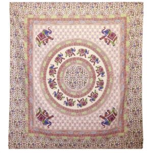 Elephant mandala wall hanging in purple and blue on a cream background.