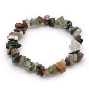 Moss Agate chipstone bracelet on a neutral background, showcasing its polished stones.