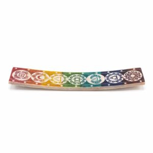 Soapstone incense holder featuring seven vibrant chakra symbols for meditation.