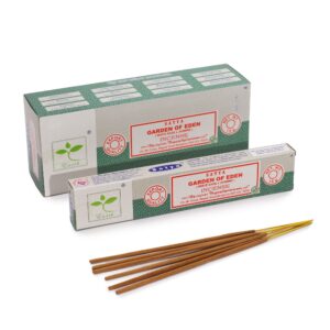Satya Incense pack featuring Garden of Eden scent with white sage and jasmine.