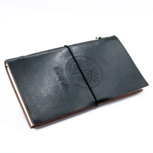 Handmade green leather journal featuring a Tree of Life design with embossed details.