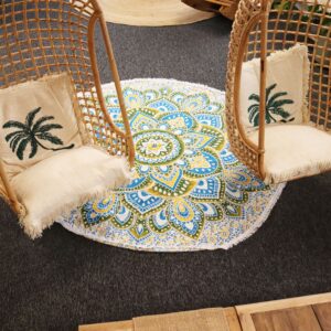 Large mandala art featuring vibrant yellow and calming blue colours.