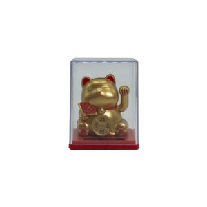 Mini Solar Powered Money Cat in a clear display box with gold and red detailing.
