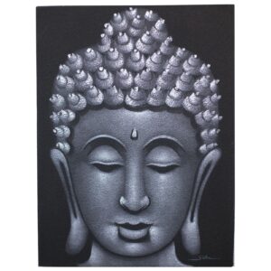 Handmade Buddha painting with grey sand finish, showcasing intricate details.