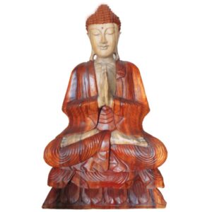 Hand carved Buddha statue made from Suar wood, showcasing intricate details.