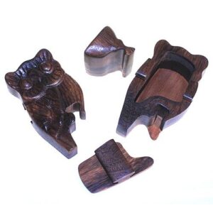 Handcrafted Sheesham wood Bali Magic Box shaped like an owl with intricate design.