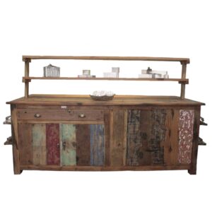 Large centre display table with storage drawers and shelves for home organisation.
