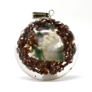 Orgonite Power Pendant featuring gemstone chips and copper in a dome shape.