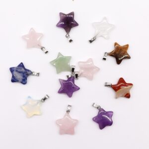 Assorted gemstone star pendants in various colours and patterns.