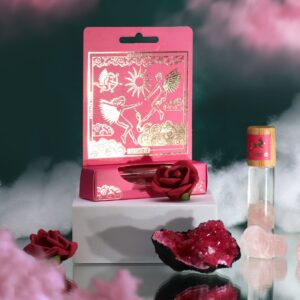 Essential oil gemstone roll-on featuring Rose Quartz for love and passion.