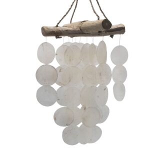 Handmade driftwood chime featuring pearl effect and Capiz glass for a calming ambiance.