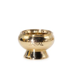 Engraved brass incense jar featuring the Triple Moon Pentagram design.