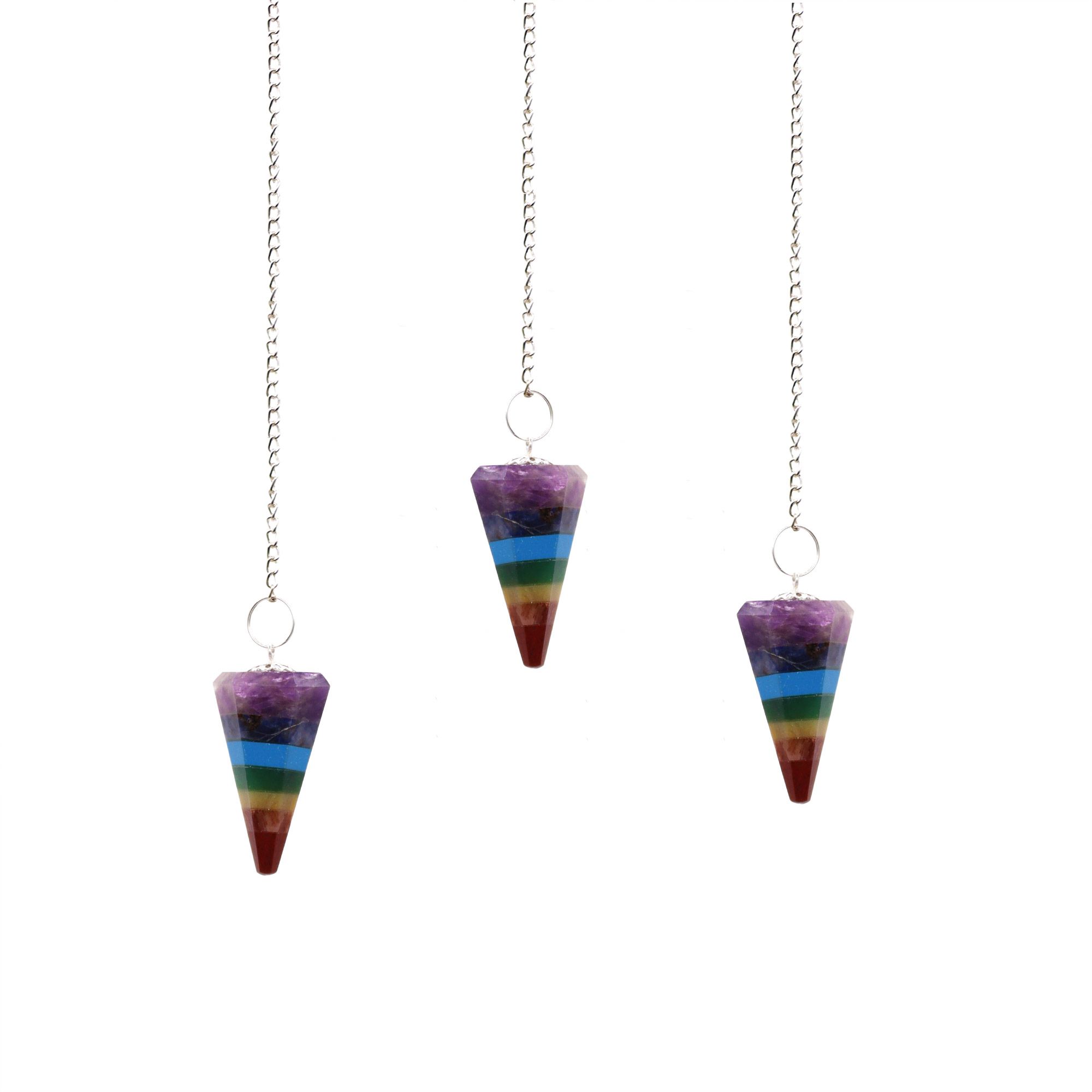 Unique 7 slice chakra pendulum with silver chain and gemstone bead.