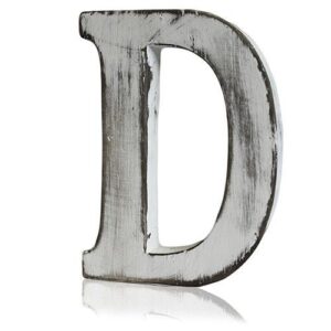 Handmade white letter 'D' from mango wood with a rustic finish.
