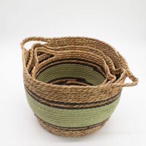 Set of three natural cotton and seagrass baskets with black and green detailing.