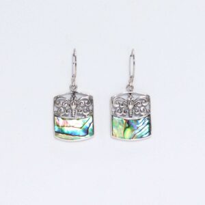 Elegant shell and silver earrings featuring a dragonfly design with abalone.