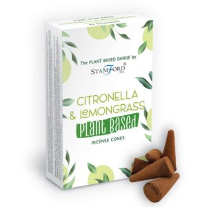 Plant based incense cones with citronella and lemongrass fragrance.