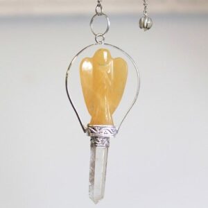 Yellow quartz angel pendulum with silver-tone detailing and protective ring.