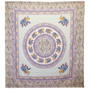 Turquoise and blue elephant mandala wall hanging on a cream background.