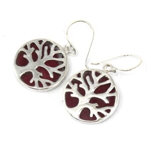 Silver earrings featuring a Tree of Life design with a coral effect.