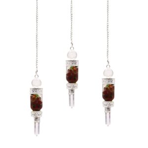 Floating Chakra pendulum with colourful stones and clear quartz point.